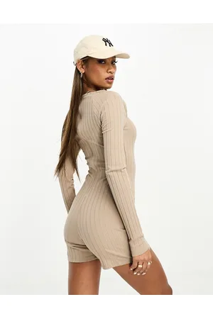 ASOS Ribbed square neck long sleeve unitard romper in stone