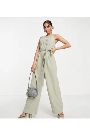 Ever New Curve tie waist wide leg jumpsuit in olive