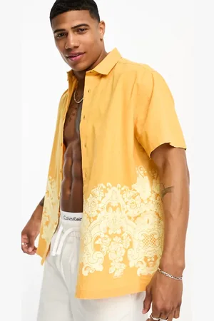 ASOS Relaxed camp collar linen mix shirt in with printed border