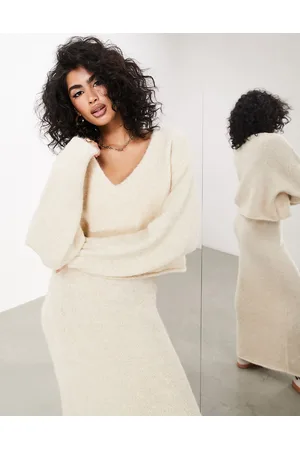 ASOS V neck long sleeve knit sweater in stone