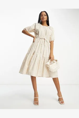 French Connection Tiered midi smock dress in beige gingham
