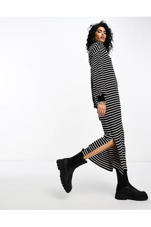 Y.A.S Y.A.S knit high neck midi dress in mono stripe