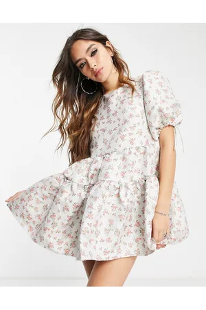 Sister Jane Dream puff sleeve mini dress with open back in delicate rose jacquard