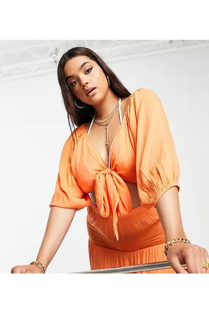 Esmée Esmee Plus Exclusive tie front beach top with puff sleeves in - part of a set