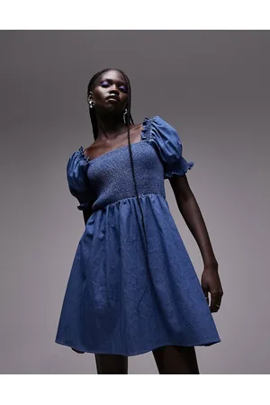 Topshop Shirred mini tea dress with puff sleeves in chambray indigo