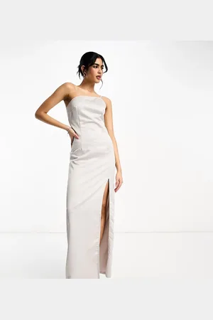 Extro & Vert Tall One shoulder maxi dress with split in stone satin