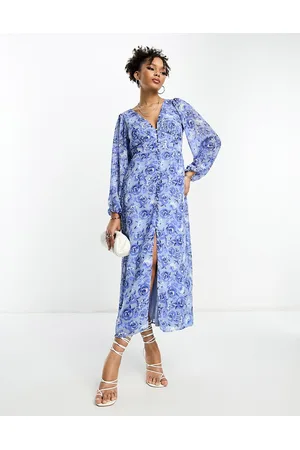 VILA V neck button up maxi dress in blue floral