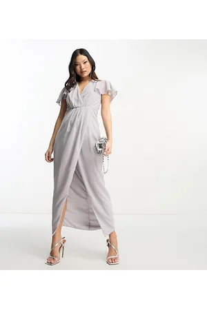 TFNC Bridesmaid chiffon wrap front midi dress with flutter sleeve in