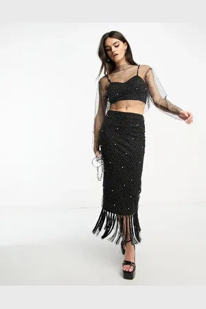 Extro & Vert Premium maxi skirt with pearl embellished layer & fringe in - part of a set