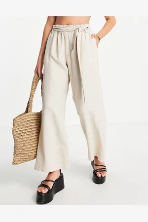 JDY Wide leg belted linen pants in oatmeal