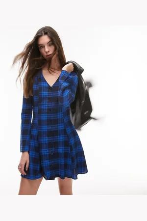 Topshop V neck brushed check mini shirt dress in check