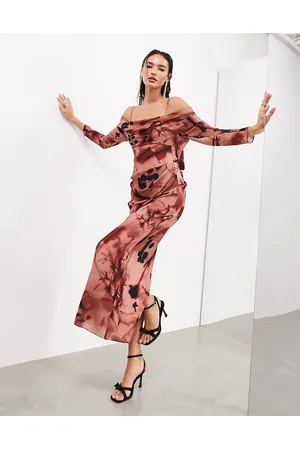 ASOS Drape bardot long sleeve maxi dress in rose floral