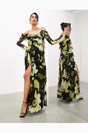 ASOS Long sleeve bias cut maxi dress with raw edge frills in black floral