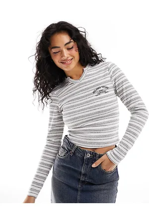 Reclaimed Long sleeve shrunken tee with notch neck in stripe