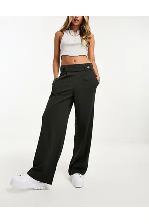 JDY Button detail wide leg dad pants in dark green