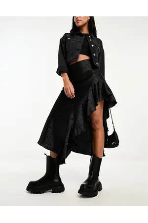 Miss Selfridge Satin jacquard asymmetric ruffle maxi skirt in
