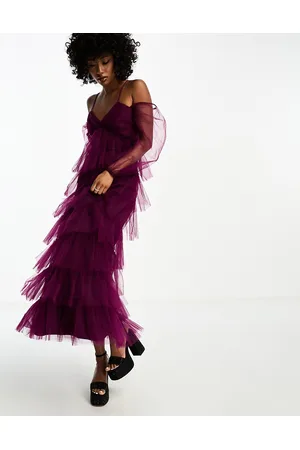 Lace & Beads Tulle tiered maxi dress in mulberry