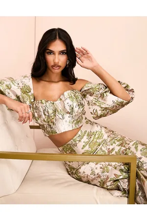 ASOS Jacquard off shoulder crop top in and gold floral - part of a set