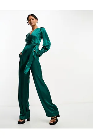 Closet Satin wrap wide leg jumpsuit in emerald