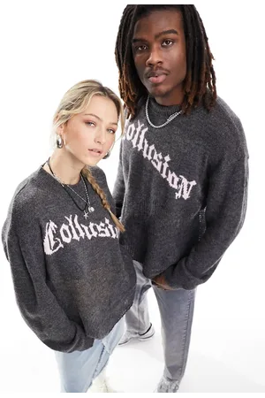 COLLUSION Unisex branded distressed hem sweater in charcoal