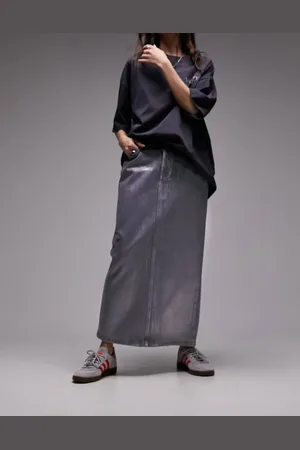 Topshop Silver foil denim midi skirt in