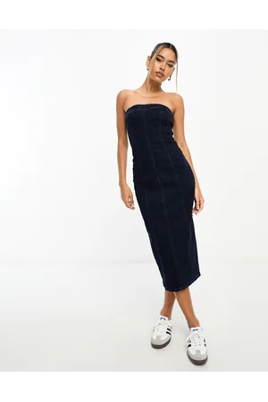 River Island Bandeau denim midi dress in dark denim