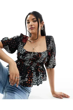 ASOS Long sleeve shirred square neck top in ditsy print