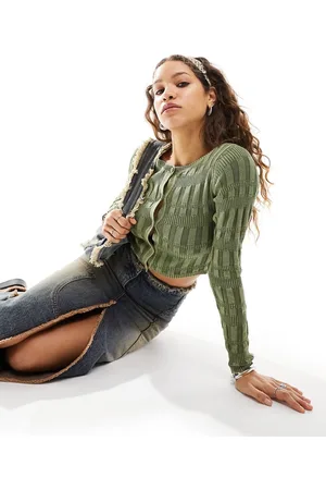 ASOS Button front shirred cardigan in acid wash in khaki