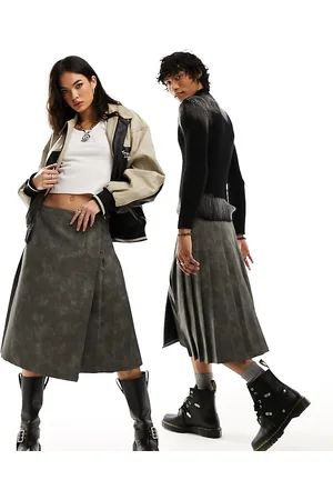 Reclaimed Unisex midi kilt skirt in washed faux leather