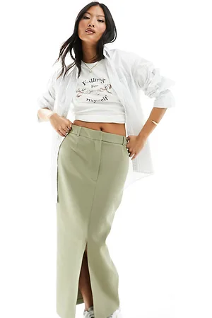 River Island Front split pencil skirt in light khaki