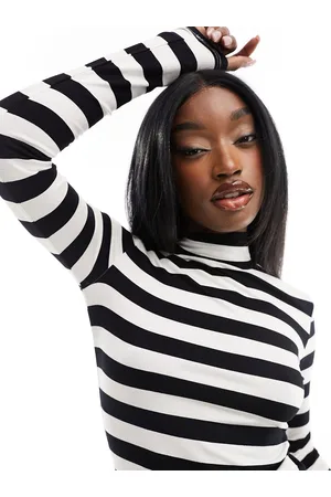 NA-KD Long sleeve high neck top in white and stripe