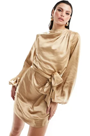 Pretty Lavish Tie waist satin mini dress in matte gold