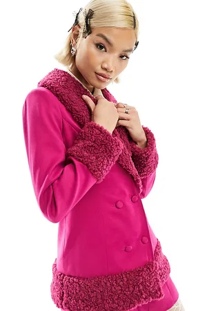 Labelrail X Dyspnea faux fur trim fitted blazer jacket in magenta - part of a set
