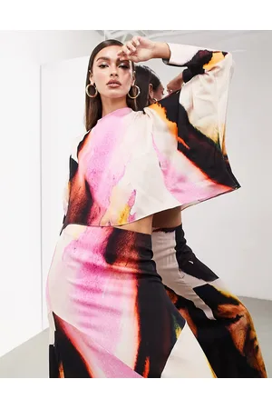 ASOS Long sleeve draped placement top in pink abstract