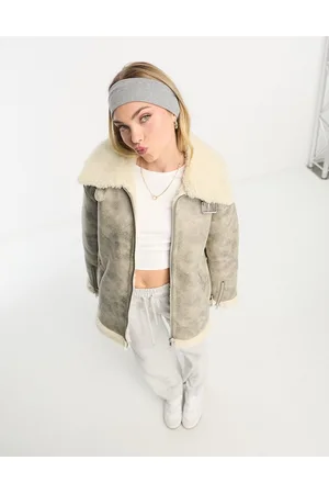 Monki Distressed faux leather and shearing aviator jacket
