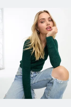 Monki Fluffy knit cropped long sleeve top in dark
