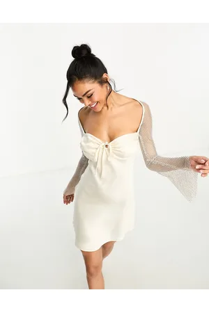 Rare Fashion London satin sweetheart neckline mini dress with diamante sleeves in cream