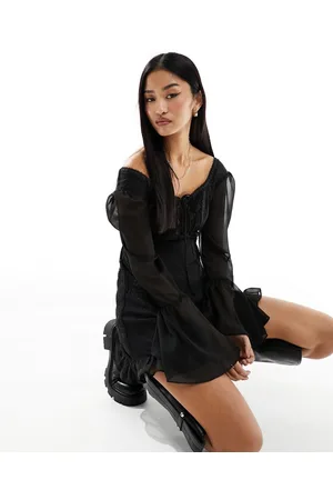 Miss Selfridge Chiffon lace mix tie front mini dress in