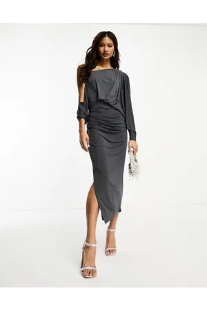 ASOS Off shoulder grecian drape midi dress in charcoal gray