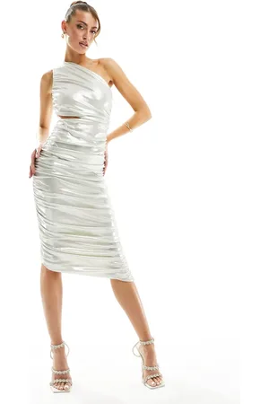Rare Fashion London one shoulder ruched metallic midi dress in cream
