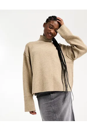 Weekday Maggie wool turtle neck sweater with exposed seam detail and wider sleeves in beige melange