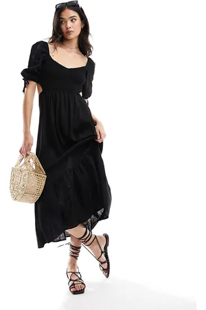 The Frolic Fin linen shirred front puff sleeve midi beach dress in