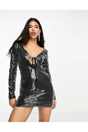 KYÒ The Brand sequin keyhole detail with tie mini dress in gunmetal