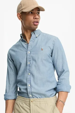 Ralph Lauren Icon logo slim fit chambray denim shirt in light wash