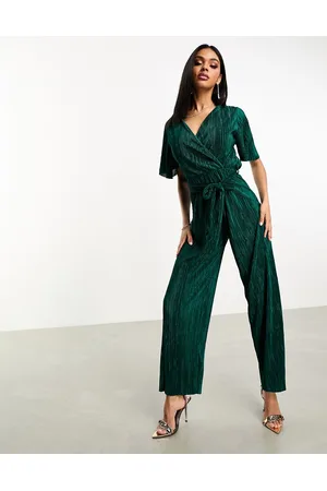 Ax Paris Short sleeve plisse wrap jumpsuit in emerald