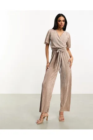 Ax Paris Short sleeve plisse wrap jumpsuit in taupe