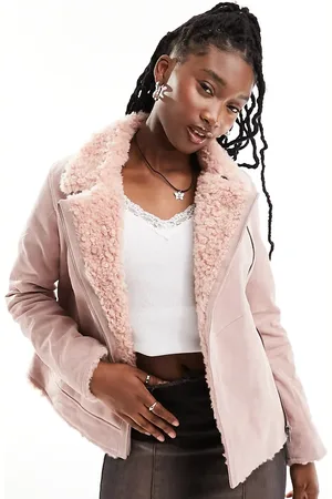 Reclaimed Limited Edition real suede aviator jacket with faux fur trim in pink
