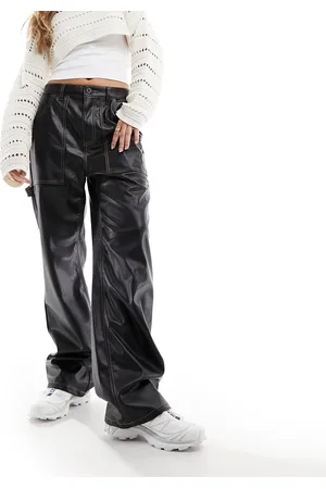 ONLY High rise wide leg faux leather contrast stitch pants in