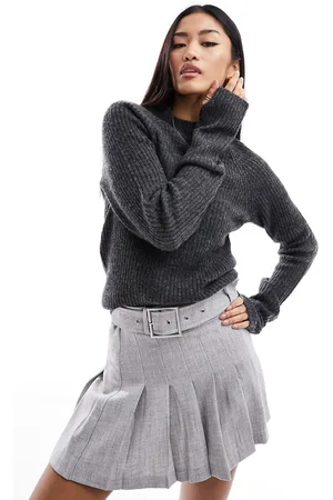 Pieces® High neck ribbed sweater in charcoal