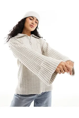 Pieces® High neck quarter zip knit sweater in light beige